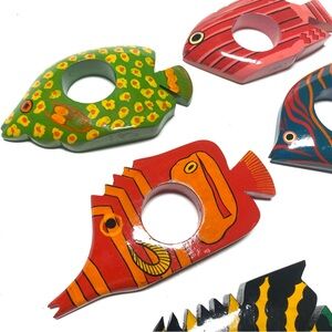 Vintage Handmade Wooden Tropical Fish Napkin Rings set of 6